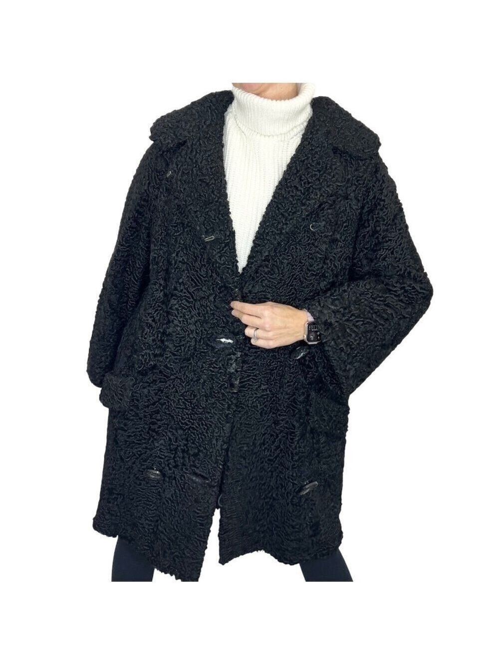 Vintage 50s Laflamme Fourrure black persian lamb flare sleeve coat flawed